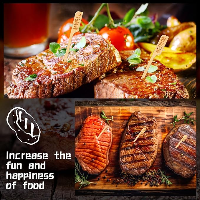 Soaoo 500 Pcs 3.5" Assorted Bamboo Wood Temperature Picks Steak Temperature Sticks Meat Doneness Steak Markers Bamboo Paddle Skewers Sticks for BBQ Barbecue Party Cocktail Fruit Grilling Roasting