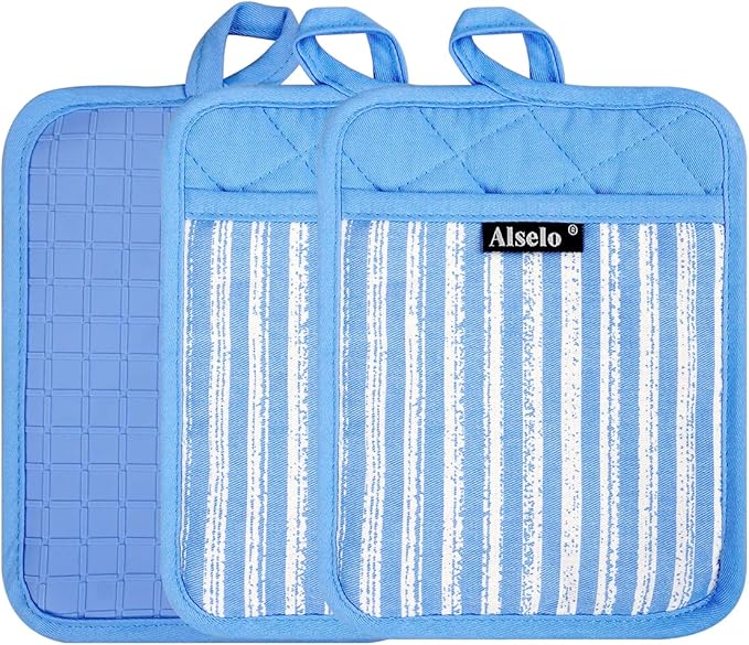 Silicone Pot Holders Set of 3 Heat Resistant & Non Slip Potholders, Professional Oven Hot Pads with Pockets Mitts for Kitchen Cooking Baking Barbecue (3, Blue)