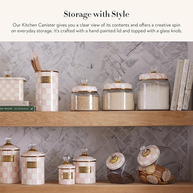 MACKENZIE-CHILDS Rosy Check Kitchen Canister, Decorative Pink-and-White Glass Storage Jar with Lid, Medium