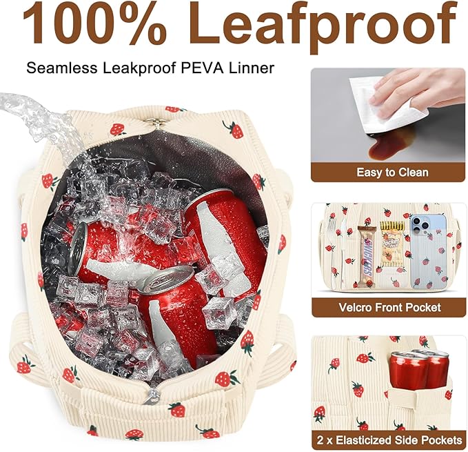 Corduroy Lunch Box Lunch Bag for Women Men, Cute Strawberry Small Insulated Reusable Work Leakproof Simple Lunch Boxes Tote Bag Adults Cooler Bag