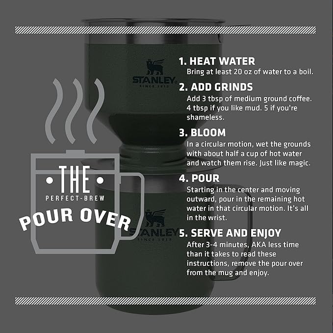 STANLEY Perfect Brew Pour Over Set | 12 oz Camp Mug with Lid Included | Drip Coffee Maker with Reusable Filter | Insulated Stainless Steel | BPA-Free | Hammertone Green