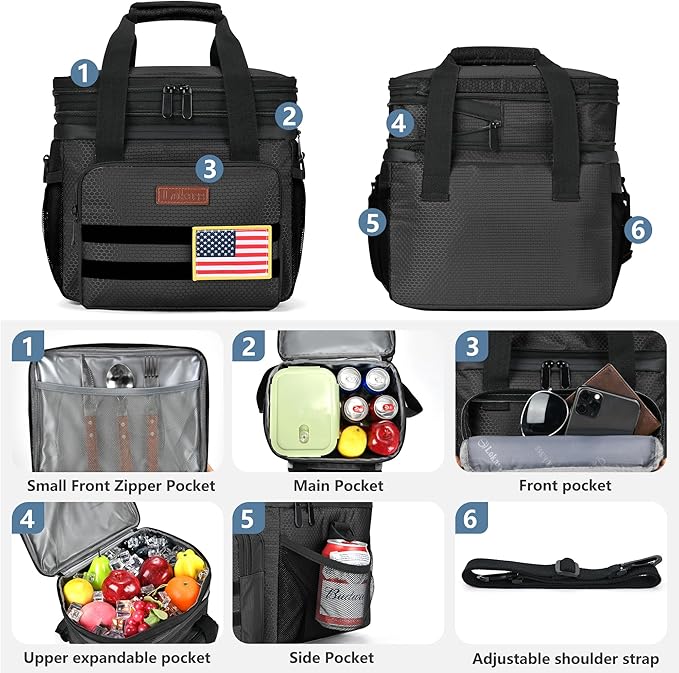 Tactical Lunch Box for Men- Large Insulated Lunch Bag-Expandable Adult Lunch Box with Adjustable Shoulder Strap-Large Lunch Tote Bag for Work Camping Fishing (Black)