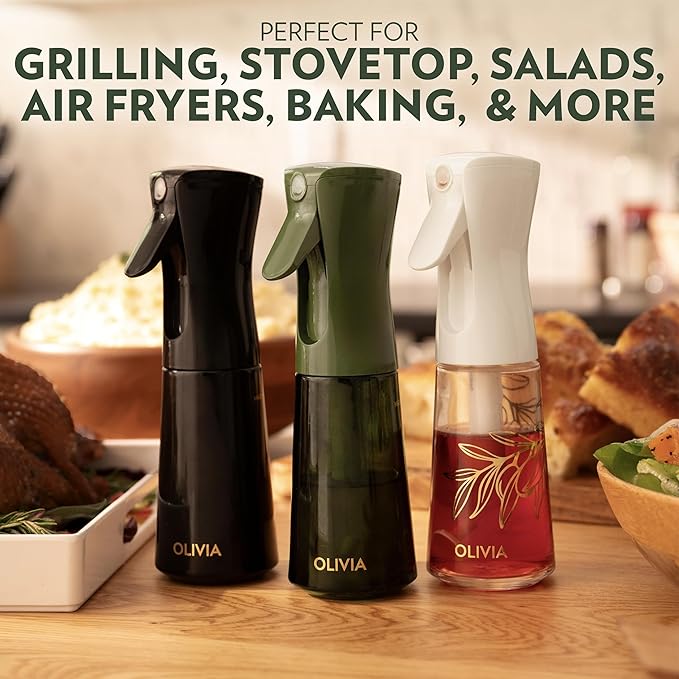 FLAIROSOL OLIVIA Oil Sprayer for Cooking, 200ml Glass Olive Oil Sprayer, Continuous Cooking Spray Bottle with Portion Control, Olive Oil Dispenser for Kitchen, Air Fryer, Salad, BBQ (Golden Leaves)