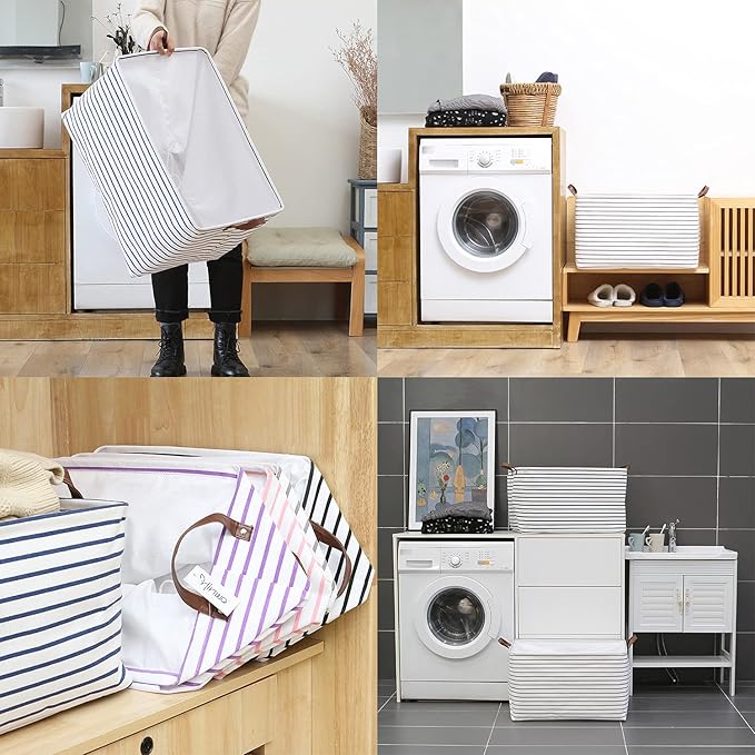 Hinwo 70L Extra Large Storage Bins, Closet Organizers and Storage, Foldable Clothes Storage Baskets with Handles, Containers for Clothing, Blanket, Comforters, Toys, Bedding (Gray Stripe)