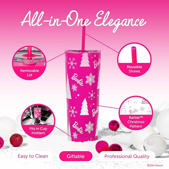 Dragon Glassware x Barbie Vacuum Insulated Stainless Steel Tumbler with Lid and Straw - Festive Holiday Travel Coffee Tumbler Cup to Keep Drinks Hot or Cold, Fits Cup Holders - Christmas Theme