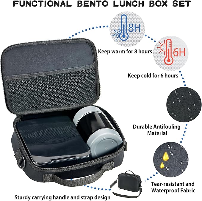 Bento Lunch Box Set for Kids with 10oz Soup Thermo, Leak-Proof Lunch Containers with 4 Compartment, Kids Thermo Hot Food Jar and Insulated Lunch Bag for Kid to School,BPA-Free(Black)
