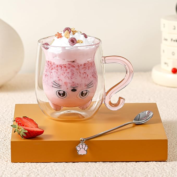 Cute Mugs Glasses Double Wall Insulated Glasses Espresso Cup, Coffee Cup, Tea Cup, Milk Cup, Best Gift for Office and Personal Birthday, Pink Cat