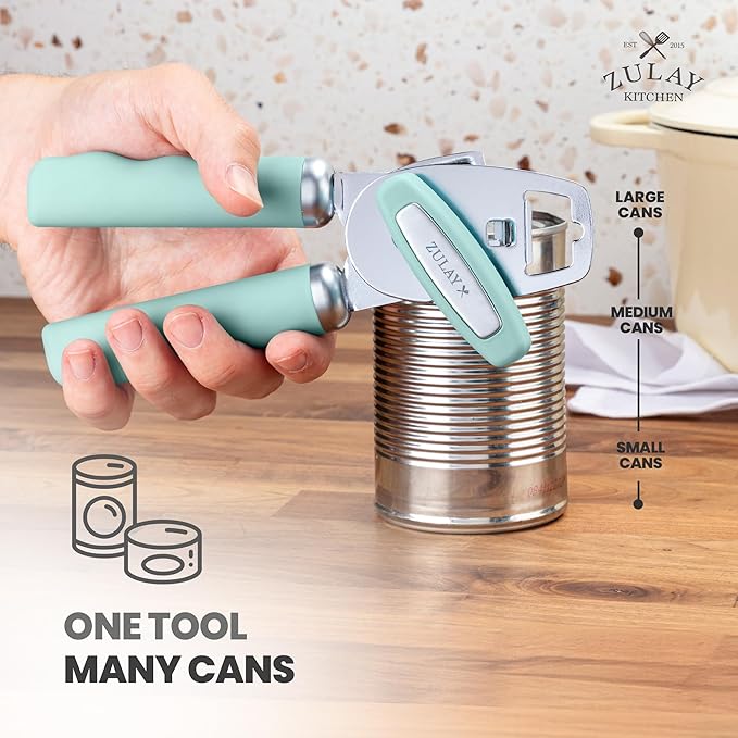 Zulay Kitchen Heavy Duty Stainless Steel Can Opener Manual with Bottle Opener - Rust Proof Manual Can Opener With Turn Knob & Comfy Soft Grip Handles - Mint