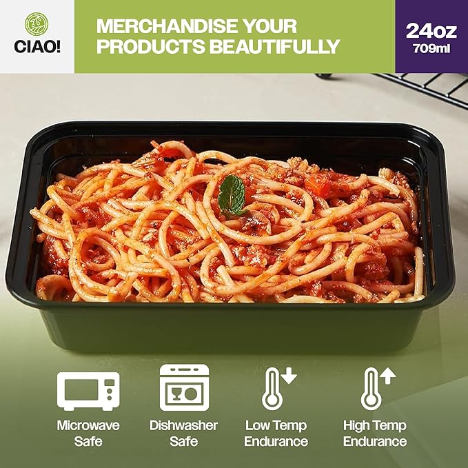 CIAO! Heavy Weight 24oz Injection Molded Microwavable Black Rectangular Food Container With Lid (150/case)