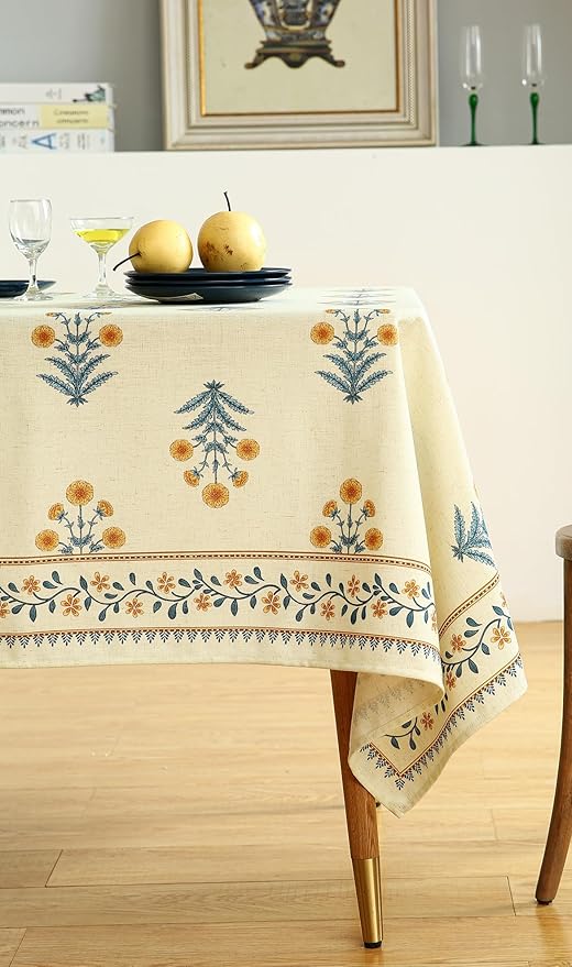 ISAENNE Designer French Pale Yellow Small Rectangular Tablecloth,Linen Floral Table Cloth,Wrinkle Resistant Decor Tablecloths for Dining Thanksgiving Banquet Kitchen Party,55"*71"-Estevan A