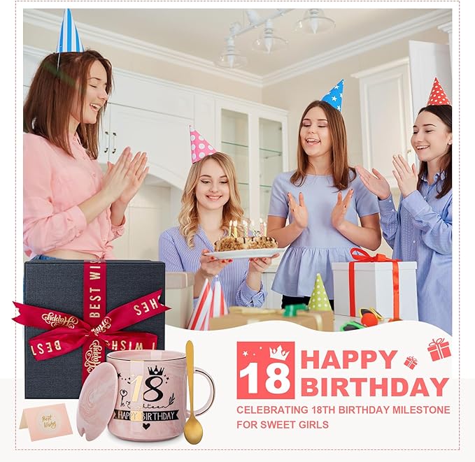 18th Birthday Gifts for Girls, Happy 18 Year Old Girl Birthday Gifts, Unique Gift Ideas for 18 Year Old Girl Daughter, Niece, Granddaughter, Presents for 18th Birthday Decorations 14 Oz Pink Mug