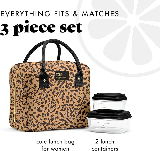 Fit & Fresh Bloomington Lunch Bag for Women - Insulated Large Lunch Box for Work with Containers, Leak-Resistant, Stain-Resistant, Zipper Closure, Cheetah