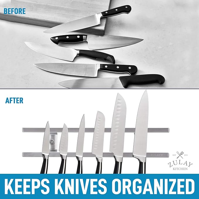 Zulay (12 Inch) Stainless Steel Magnetic Knife Holder For Wall - Powerful Knife Magnetic Strip With Extra Hanging Hooks - Wall Mount Magnetic Knife Strip & Organizer For Kitchen & Tools (Silver)