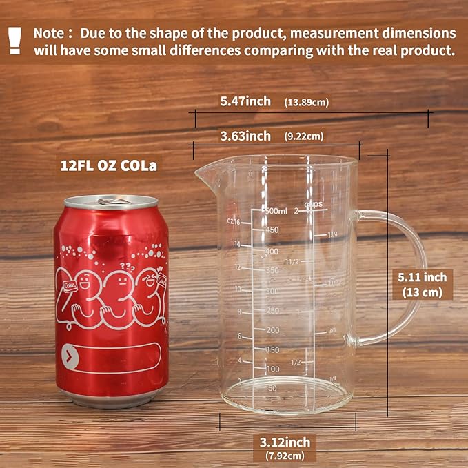 Newness Glass Measuring Cup with Handle, 500 ML (0.5 Liter, 2 Cup) Measuring Cup with Three Scales (OZ, Cup, ML/CC) and V-Shaped Spout, Measuring Beaker for Kitchen or Restaurant, Easy to Read