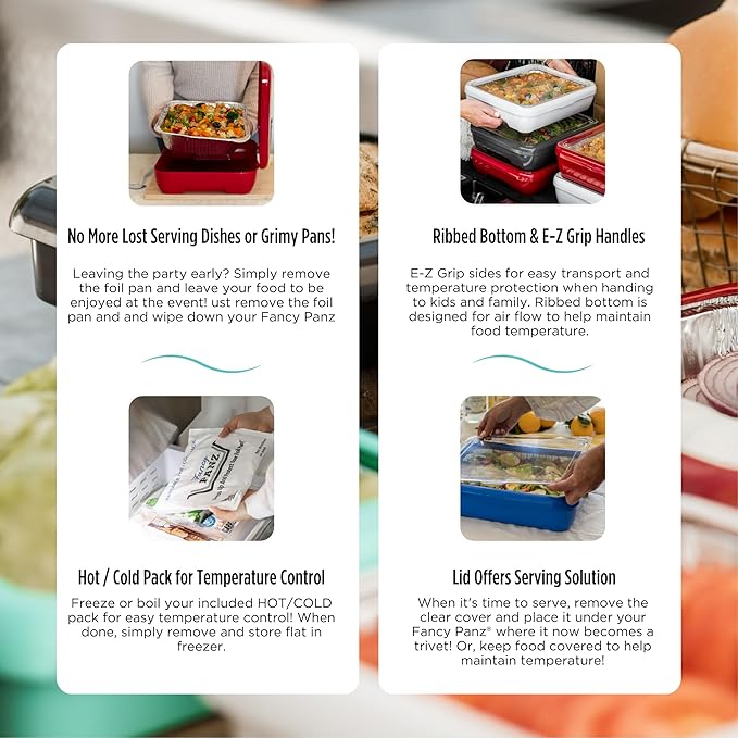Fancy Panz - Blue Marble Premium Aluminum Foil Pan Carrier with Lid & Hot/Cold Pack - Elevated Food Serving Tray - Portable Casserole Carrier with Lid - Made in the USA Hosting Essentials