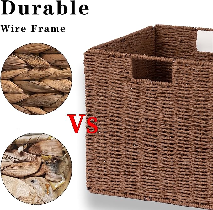 Vagusicc Wicker Storage Basket, Set of 2 Hand-Woven Storage Baskets for Shelves with Handles, Foldable Cube Storage Baskets Bins Organizer, 13 inch Large Wicker Baskets for Pantry Bedroom Decor, Brown