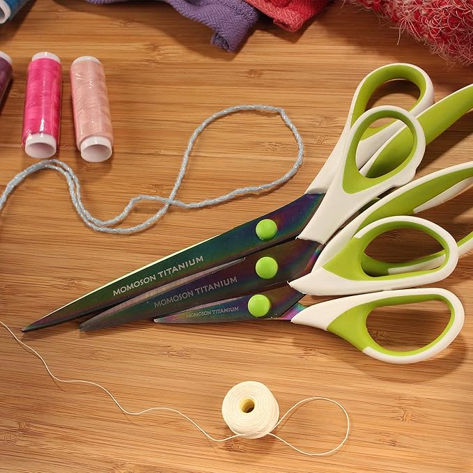 BambooMN Titanium Softgrip Scissors Set for Sewing, Arts, Crafts, Office - 3 Sets of 3 - White w/Green Inlays