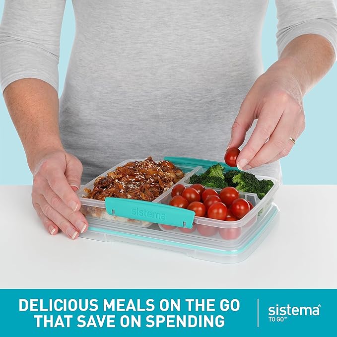 Sistema 5-Piece Food Storage Containers with 3 Compartments and Lids for Meal Prep, Dishwasher Safe, 11.8oz, Clear/Green
