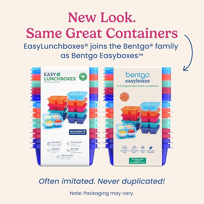 Bentgo Easyboxes 4-Compartment Snack Containers - 20-Piece Set with 10 Trays & 10 Custom-Fit Lids to Seal in Freshness - Reusable Food Storage & Meal Prep Bento BPA-Free Containers (Jewel Brights)