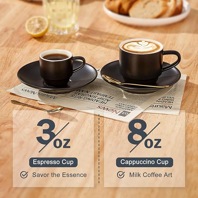 Lareina Porcelain 3-Ounce Espresso Cups Set of 6, Small Stackable Coffee Cups with Saucers, Spoons and Metal Stand - Ceramic Demitasse Mugs, Double Shots Expresso Cup, Matte Black