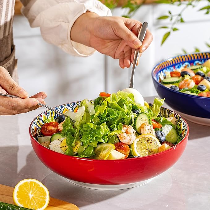 Red Large Serving Bowls Set of 2, Bohemian Style 10" Large Ceramic Bowls for Entertaining and Party, Bowls for Pasta Soup Fruit Ramen Cereal, Dishwasher Oven Safe