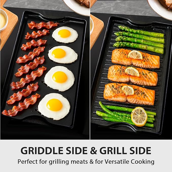 Utheer Nonstick Reversible Cast Iron Griddle 19.5"x 10.5", Ceramic Cooking Surface, Flat & Ribbed Sides, with High Sides & Grease Trap, Stovetop Griddle for Gas Grill, Charcoal, Oven & Outdoor BBQ