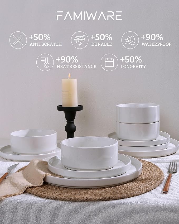 Famiware Nebula Plates and Bowls Set, 12 Pieces Dinnerware Sets, Dishes Set for 4, White