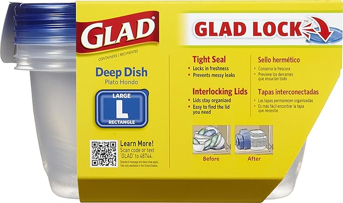 Glad GladWare Deep Dish Food Storage Containers, Large Rectangle - Meal Container Holds up to 64 Ounces of Food - Lock Tight Seal, 3 Count - 6 Pack