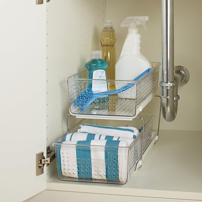 madesmart 2-Tier Organizer, Multi-Purpose Slide-Out Storage with Handles and Dividers for Home and Bath, Easy Assembly, BPA Free, Clear