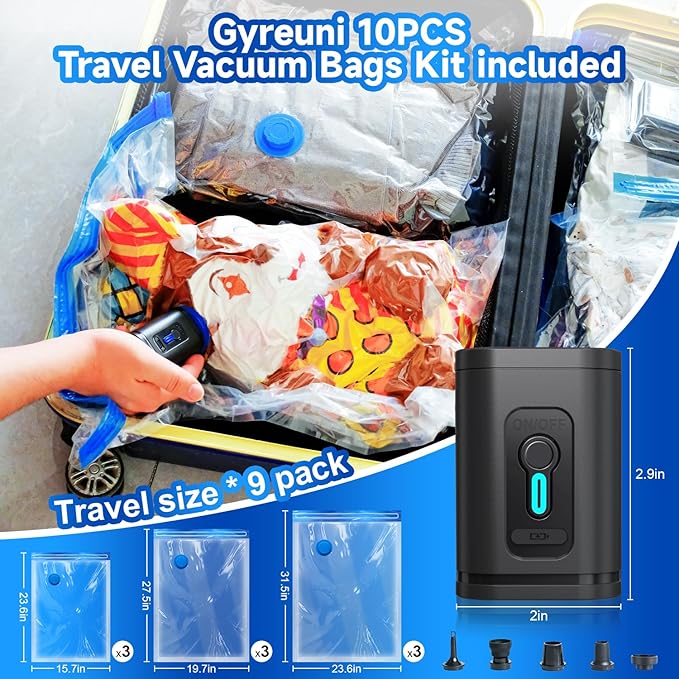 Travel Vacuum Storage Bags Combo Portable Wireless Electric Pump,9 Pack Compression Bags for Travel,Space Saver Vacuum Storage Bags for Clothing and Luggage