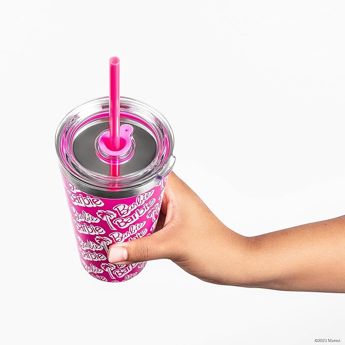Dragon Glassware x Barbie Vacuum Insulated Tumbler with Lid and Straw - 16 oz Tumbler Cup with 2 Straws - Stainless Steel Tumbler with Straw for Water, Iced Tea - Travel Coffee Tumbler - Classic