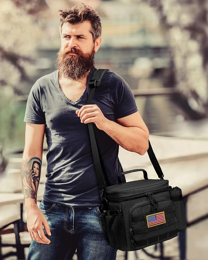 TACTICISM Tactical Lunch Box for Men, 12L Molle Lunch Bag with Detachable Water Bottle Pouch and Molle Pouch, Black