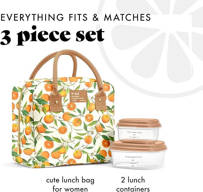Fit & Fresh Bloomington Lunch Bag for Women - Insulated Large Lunch Box for Work with Containers, Leak-Resistant, Stain-Resistant, Zipper Closure, Orange Blossoms