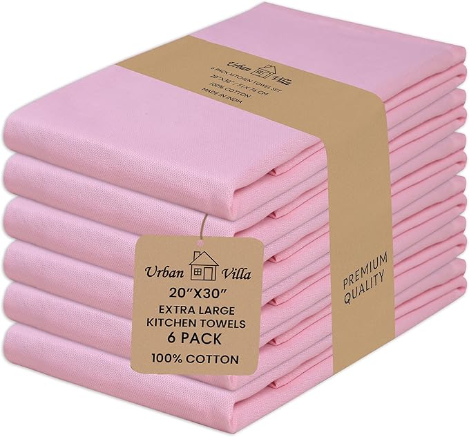 Urban Villa Baby Pink 100% Cotton Highly Absorbent Dish Towels for Kitchen 20X30 Inches(Set of 6) Multi-Purpose Solid Dish Cloths with Hanging Loop for Cleaning Dinnerware Glass Hand Towels