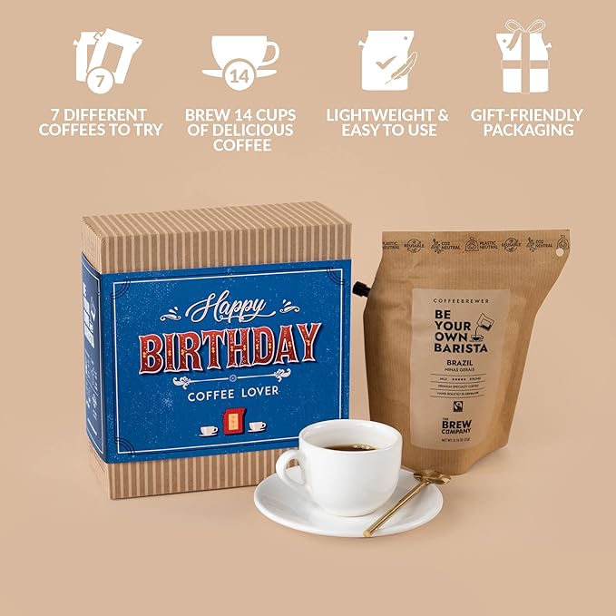 Gourmet Birthday Coffee Gift Set for Men & Women - 7 World's Finest Single Origin Specialty & Organic Coffees in Innovative Brewers | Sampler Box for Coffee Lover to Brew & Enjoy Anytime, Anywhere