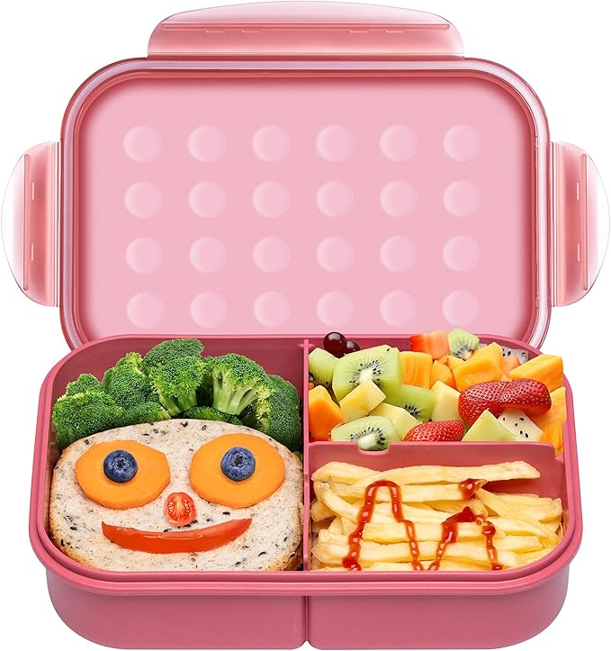 Wheat Straw Lunch Box, Leakproof Bento Box for Kids Adults, Lunch Containers with 3 Compartments BPA-Free Microwave Safe (Pink, 5.5 cup)