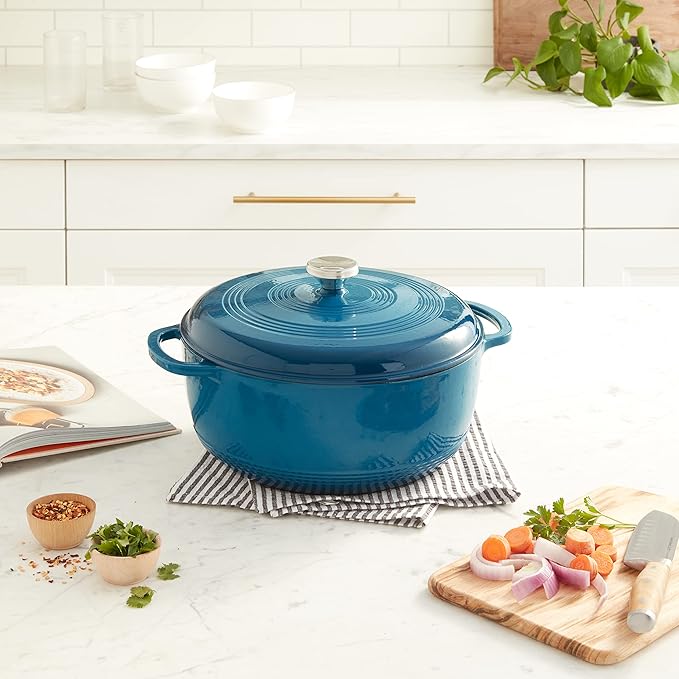 Lodge 7.5 Quart Enameled Cast Iron Dutch Oven with Lid – Dual Handles – Oven Safe up to 500° F or on Stovetop - Use to Marinate, Cook, Bake, Refrigerate and Serve – Cornflower Blue