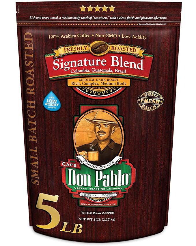 5LB Don Pablo Signature Blend - Medium-Dark Roast - Whole Bean Coffee - Low Acidity - 5 Pound (5 lb) Bag