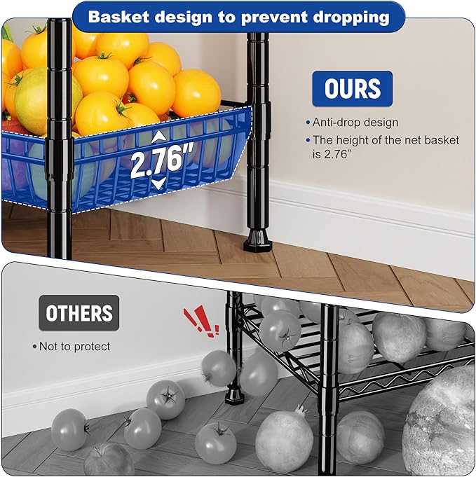 7 Tier Wire Shelving Unit with Wheels 72" H Adjustable Basket Shelf Storage Shelves with Hooks for Kitchen Bathroom Garage Closet Laundry Room Organization 72" H x 24" W x 14" D, Black
