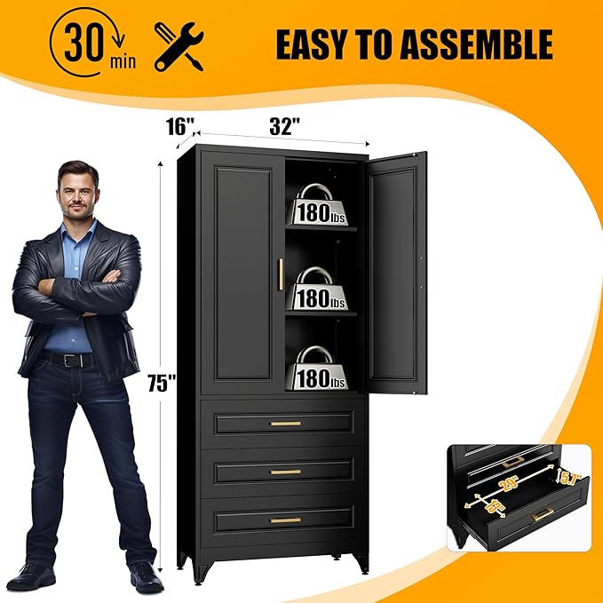 75" Tall Metal Storage Cabinet, Kitchen Pantry Storage Cabinets with Doors and Shelves, Black Pantry Cabinet with 3 Drawer, Utility Kitchen Cupboard, Large Steel Cabinets for Dining Room