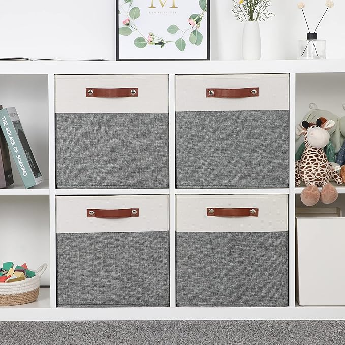 Temary 13x13 Storage Cubes 4 Pack Fabric Cube Storage Bins Large Storage Baskets with Leather Handles, Decorative Storage Boxes for Organizing Closet, Clothes, Foldable Cloth Baskets for Shelves