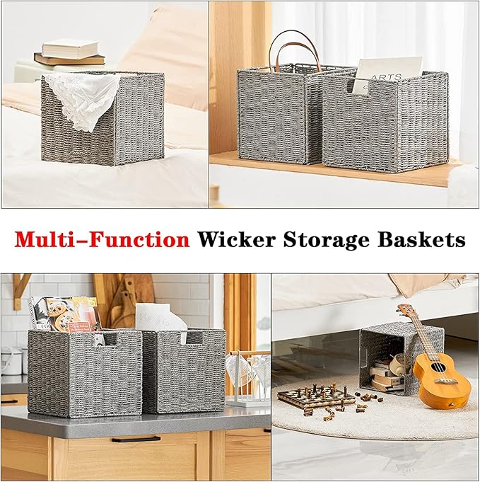 Vagusicc Wicker Basket, Set of 2 Hand-Woven Wicker Storage Basket, Foldable 11 inch Cube Storage Bins, Storage Baskets for Organizing Shelves, Closet Organizers and Storage Bins, Gray (11″×11″×11″)