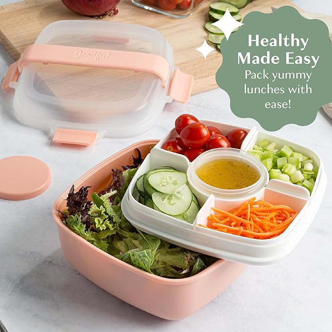 Goodful Stackable Lunch Box Container, Bento Style Food Storage with Removeable Compartments for Sandwich, Snacks, Toppings & Dressing, Leak-Proof and Made without BPA, 56-Ounce, Blush