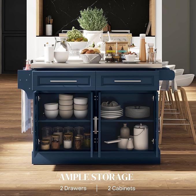 HOMCOM Rolling Kitchen Island Cart with Wheels, Portable Island Table for Kitchen with Stainless Steel Top, Adjustable Shelves, 2 Drawers, Spice, Knife and Towel Rack, Navy Blue