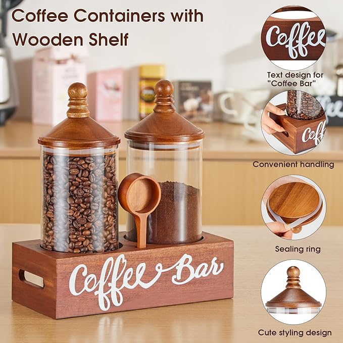 YangbagaGlass Sugar Coffee Canister for Ground Coffee,2×55OZ Coffee Containers with Wood Handle Shelf Coffee Station Coffee Bar Accessories Organizer Decor, Cereal Containers Storage with Wood Scoop