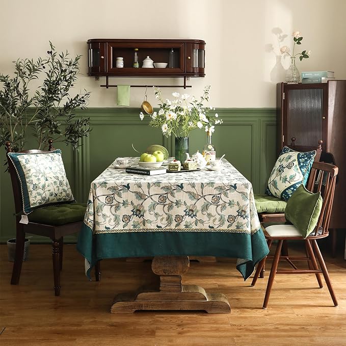 patdrea Designer Green Linen Extra Long Rectangle Tablecloth,Vintage Floral Pattern Breathable Table Cloth,Cover Decor for Kitchen Dining,Christmas,Thanksgiving,Holiday,Tea Party,63"x110"-Noah