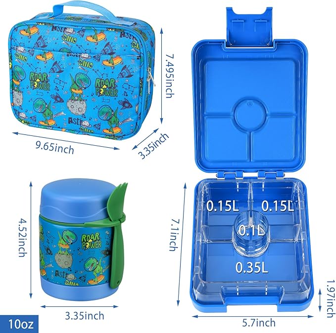 Bento Lunch Box Set for Kids with 10oz Soup Thermo, Leak-Proof Lunch Containers with 4 Compartment, Kids Thermo Hot Food Jar and Insulated Lunch Bag for Kid to School,BPA-Free(Dragon)