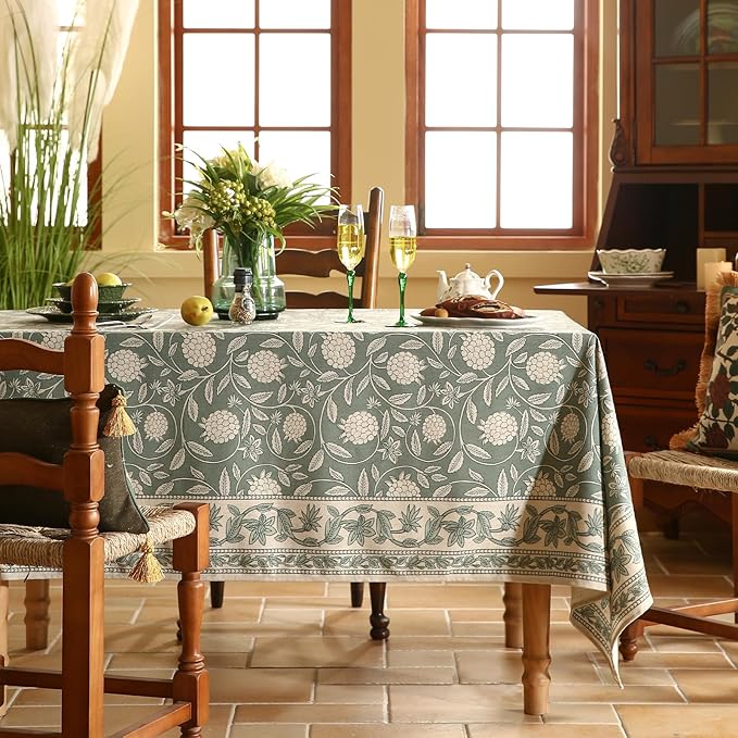 ISAENNE Designer Grayish Green Linen Small Tablecloth Rectangular,Floral Stain Resistant Table Cloth,Fall Vintage Decor Tablecloths for Dining Thanksgiving Kitchen Party,55"*71"-Andrew A