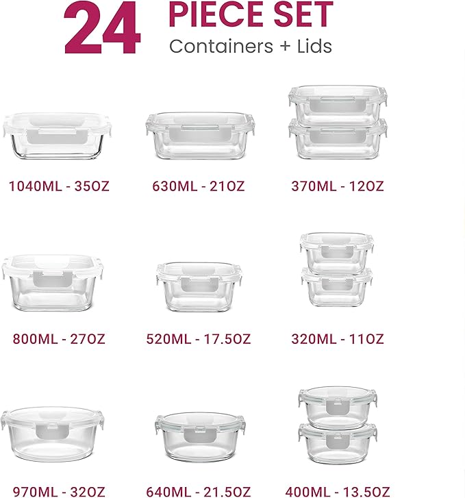 FineDine 24 Piece Glass Airtight Storage Containers with Lids - Leak Proof, Dishwasher Safe Glass Food Storage Containers for Meal Prep or Leftovers, White