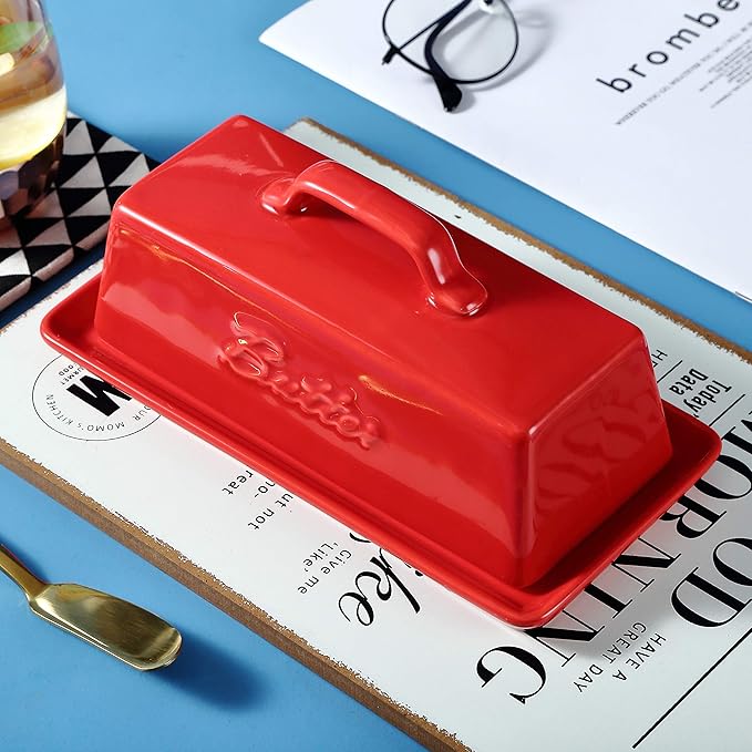 Bruntmor Ceramic Butter Dish With Lid. Butter Holder/ Tray/ Storage With Lid And Handle. Porcelain Butter Keeper For Countertop. Butter Dish With Cover in Red Color.